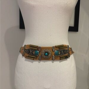Vintage Tan Belt with Turquoise Accents